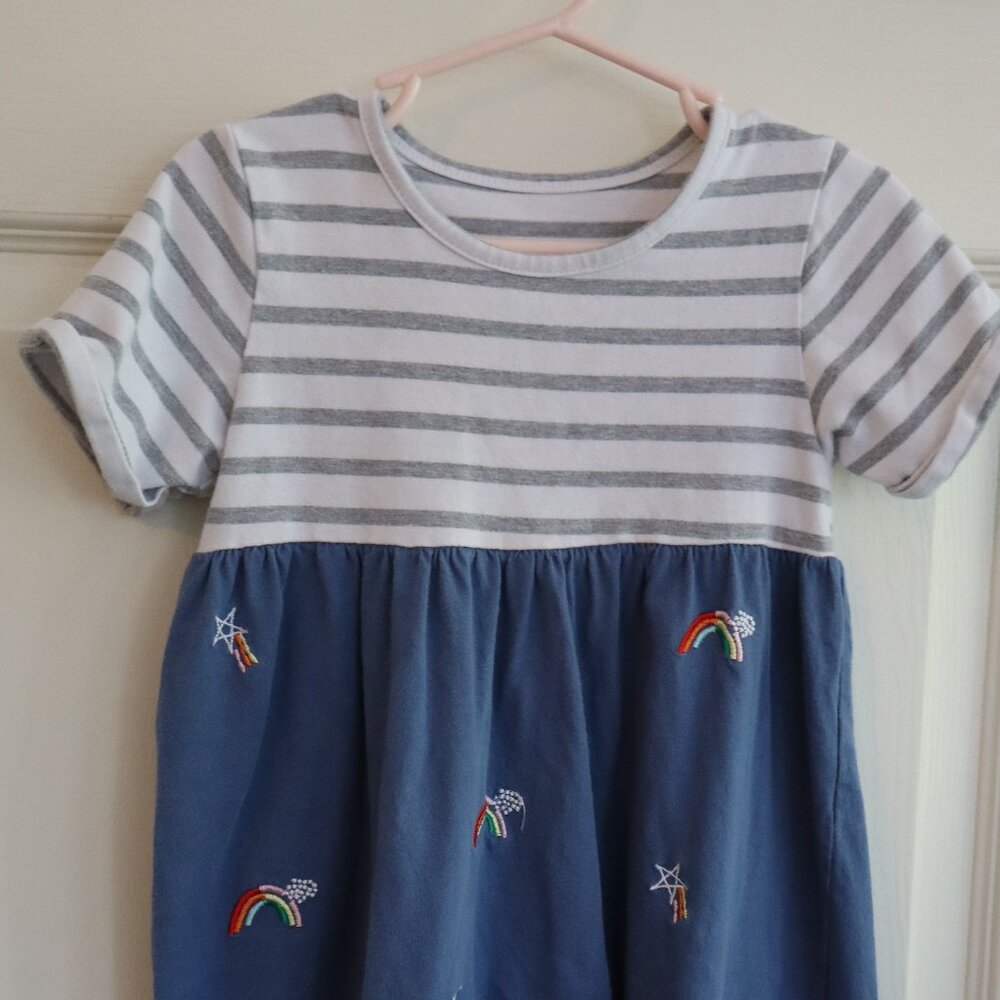 Girls Striped top dress with blue skirt and rainbow embroidered details